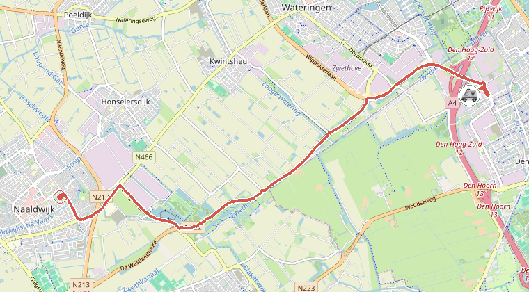 Kaart van de omgeving van de melding, met de kazerne die is gealarmeerd