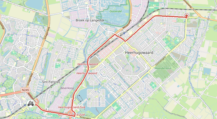 Kaart van de omgeving van de melding, met de kazerne die is gealarmeerd