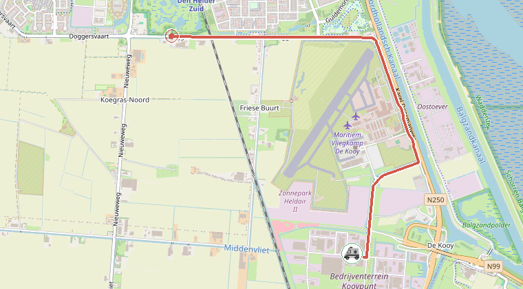 Kaart van de omgeving van de melding, met de kazerne die is gealarmeerd