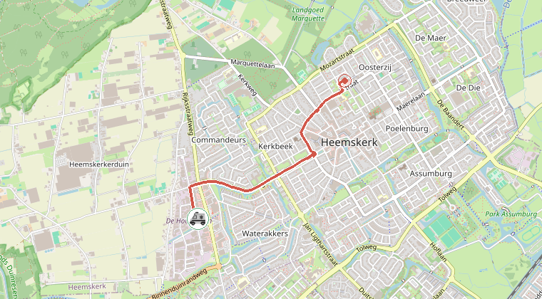 Kaart van de omgeving van de melding, met de kazerne die is gealarmeerd