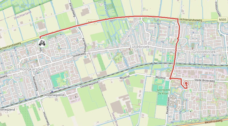 Kaart van de omgeving van de melding, met de kazerne die is gealarmeerd