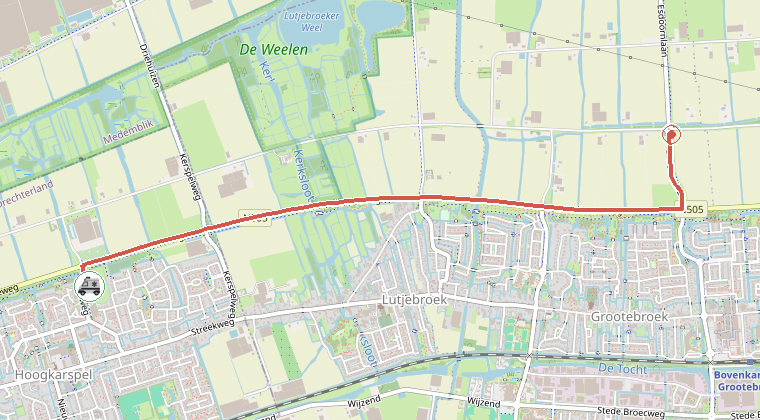 Kaart van de omgeving van de melding, met de kazerne die is gealarmeerd