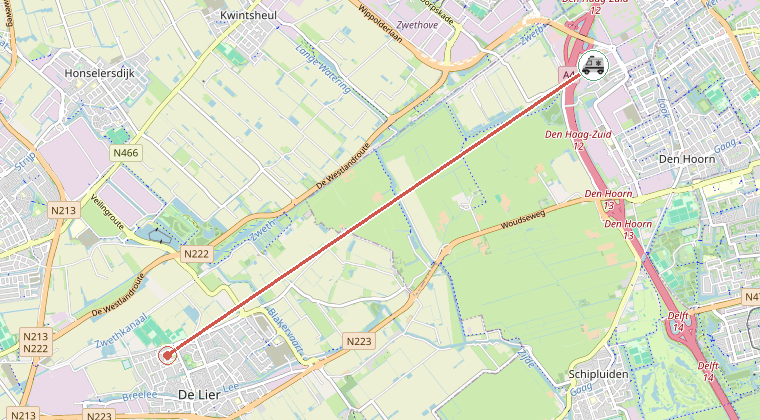 Kaart van de omgeving van de melding, met de kazerne die is gealarmeerd