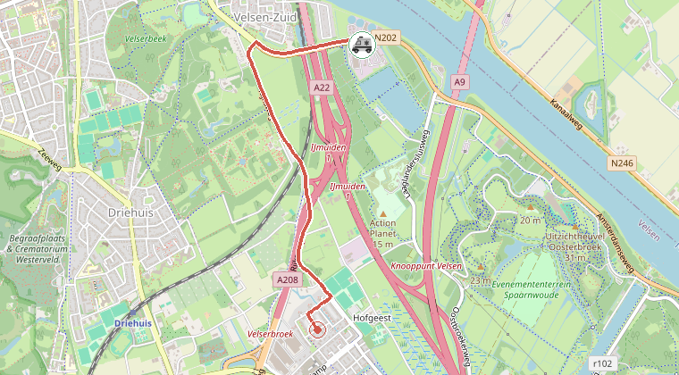 Kaart van de omgeving van de melding, met de kazerne die is gealarmeerd