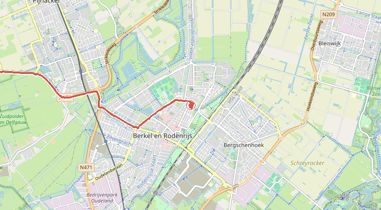 Kaart van de omgeving van de melding, met de kazerne die is gealarmeerd