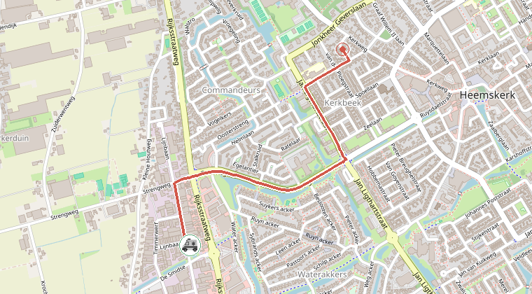 Kaart van de omgeving van de melding, met de kazerne die is gealarmeerd