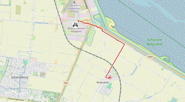 Kaart van de omgeving van de melding, met de kazerne die is gealarmeerd