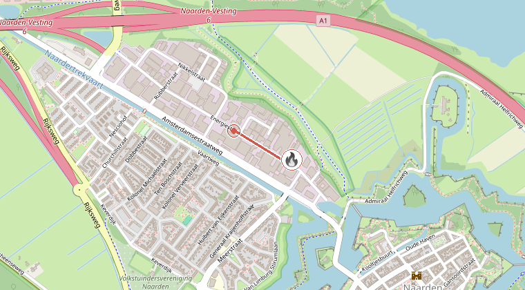 Kaart van de omgeving van de melding, met de kazerne die is gealarmeerd