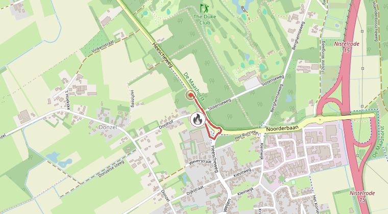 Kaart van de omgeving van de melding, met de kazerne die is gealarmeerd