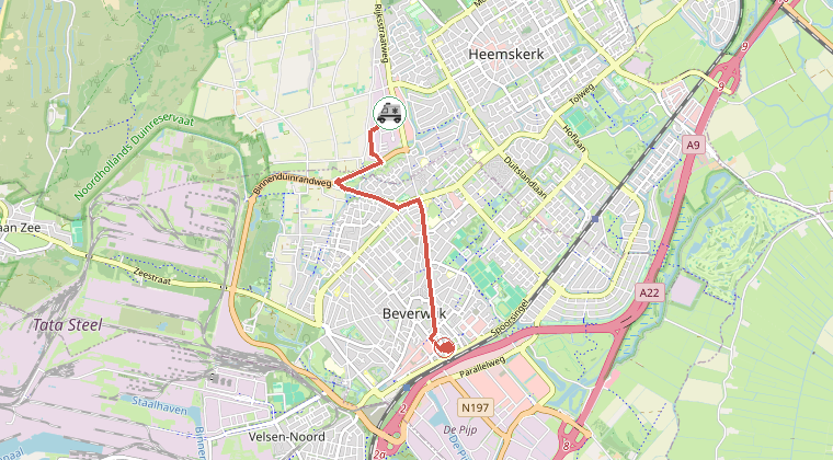 Kaart van de omgeving van de melding, met de kazerne die is gealarmeerd