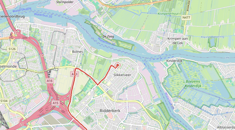 Kaart van de omgeving van de melding, met de kazerne die is gealarmeerd