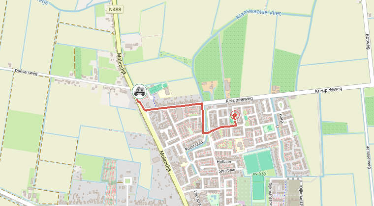 Kaart van de omgeving van de melding, met de kazerne die is gealarmeerd