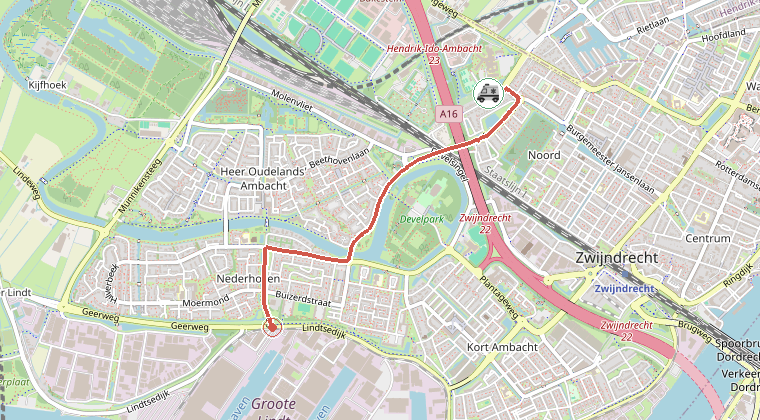 Kaart van de omgeving van de melding, met de kazerne die is gealarmeerd