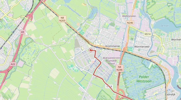 Kaart van de omgeving van de melding, met de kazerne die is gealarmeerd