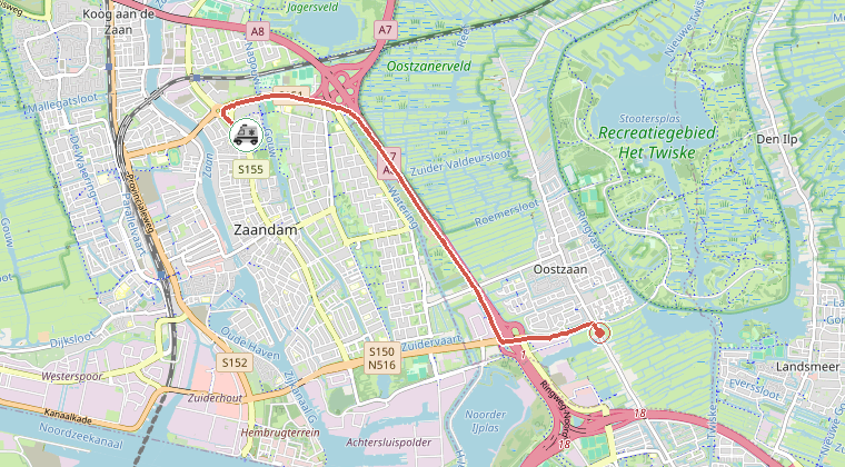 Kaart van de omgeving van de melding, met de kazerne die is gealarmeerd