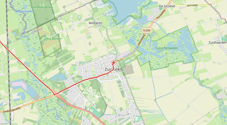 Kaart van de omgeving van de melding, met de kazerne die is gealarmeerd