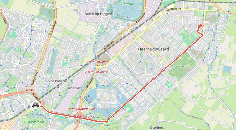 Kaart van de omgeving van de melding, met de kazerne die is gealarmeerd