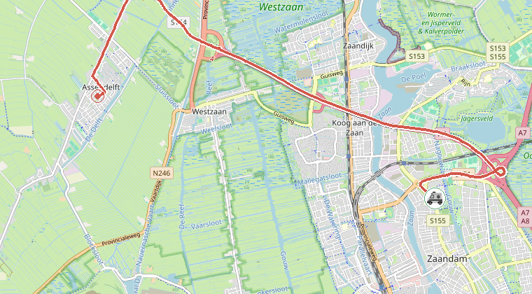 Kaart van de omgeving van de melding, met de kazerne die is gealarmeerd