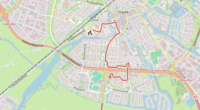 Kaart van de omgeving van de melding, met de kazerne die is gealarmeerd