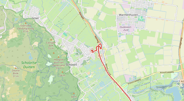 Kaart van de omgeving van de melding, met de kazerne die is gealarmeerd