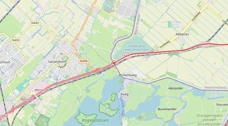 Kaart van de omgeving van de melding, met de kazerne die is gealarmeerd