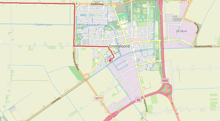 Kaart van de omgeving van de melding, met de kazerne die is gealarmeerd