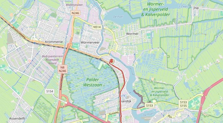 Kaart van de omgeving van de melding, met de kazerne die is gealarmeerd