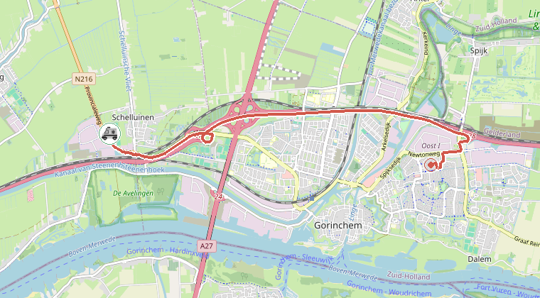 Kaart van de omgeving van de melding, met de kazerne die is gealarmeerd