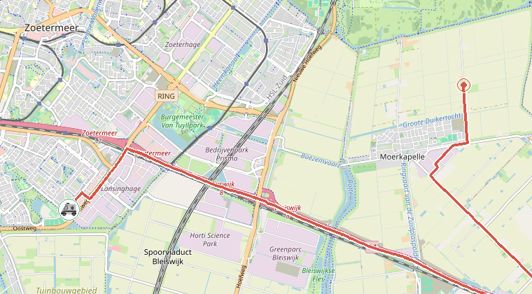 Kaart van de omgeving van de melding, met de kazerne die is gealarmeerd