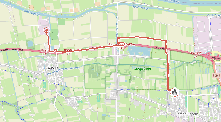 Kaart van de omgeving van de melding, met de kazerne die is gealarmeerd