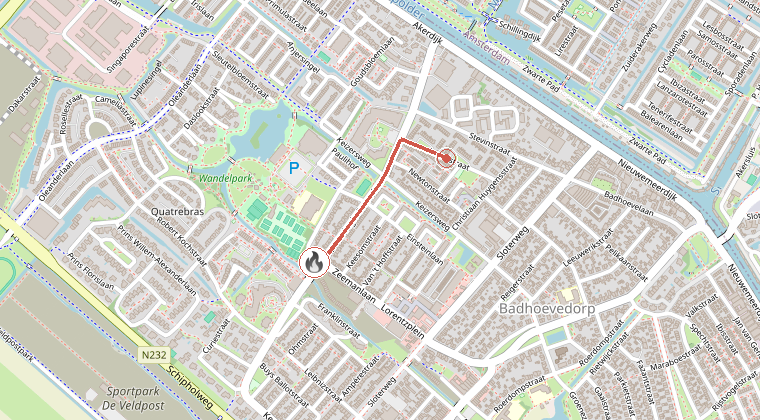 Kaart van de omgeving van de melding, met de kazerne die is gealarmeerd
