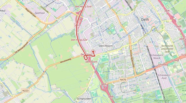 Kaart van de omgeving van de melding, met de kazerne die is gealarmeerd