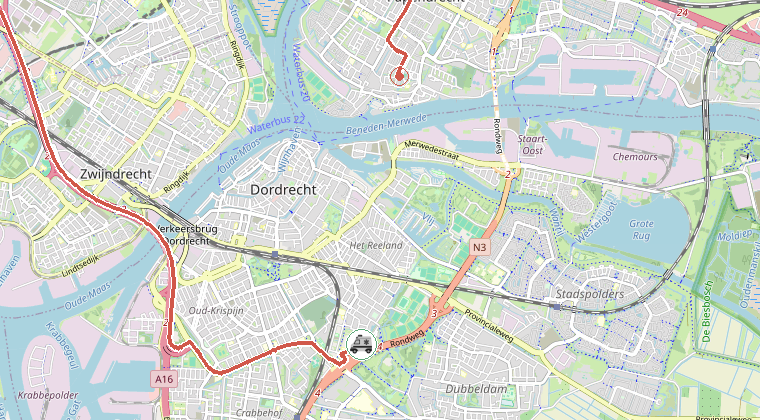 Kaart van de omgeving van de melding, met de kazerne die is gealarmeerd