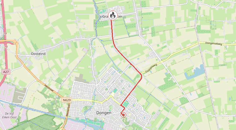 Kaart van de omgeving van de melding, met de kazerne die is gealarmeerd