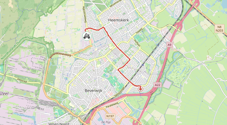 Kaart van de omgeving van de melding, met de kazerne die is gealarmeerd