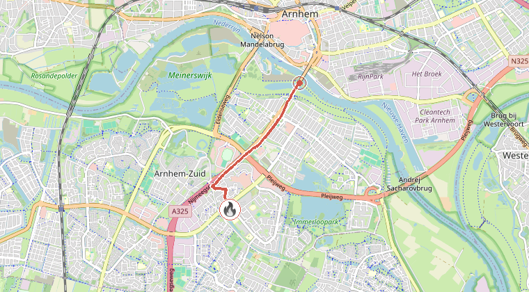 Kaart van de omgeving van de melding, met de kazerne die is gealarmeerd