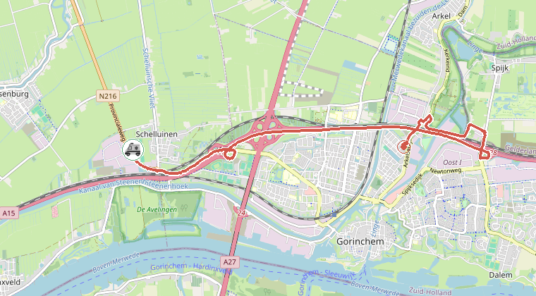 Kaart van de omgeving van de melding, met de kazerne die is gealarmeerd