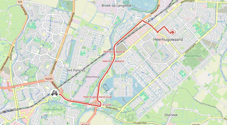 Kaart van de omgeving van de melding, met de kazerne die is gealarmeerd