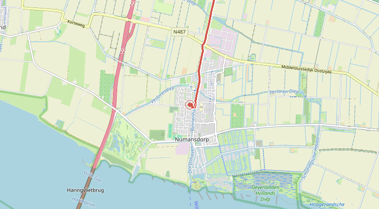 Kaart van de omgeving van de melding, met de kazerne die is gealarmeerd