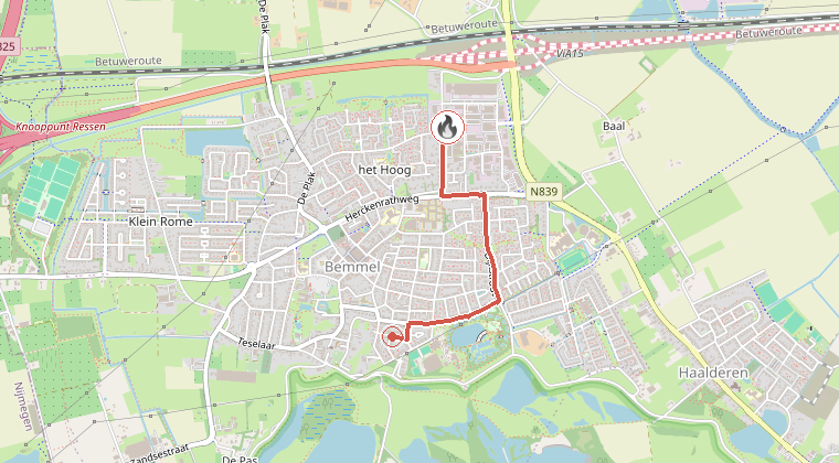 Kaart van de omgeving van de melding, met de kazerne die is gealarmeerd