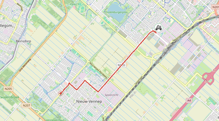 Kaart van de omgeving van de melding, met de kazerne die is gealarmeerd