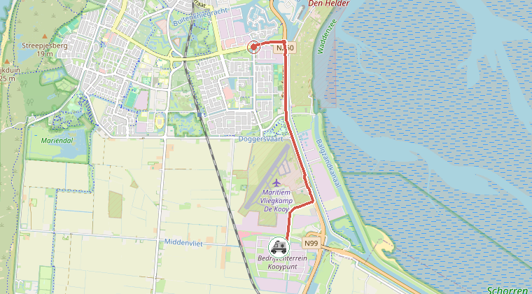 Kaart van de omgeving van de melding, met de kazerne die is gealarmeerd