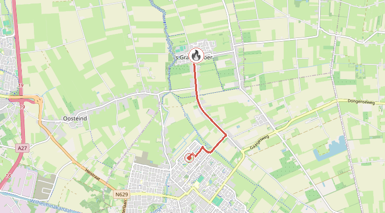 Kaart van de omgeving van de melding, met de kazerne die is gealarmeerd