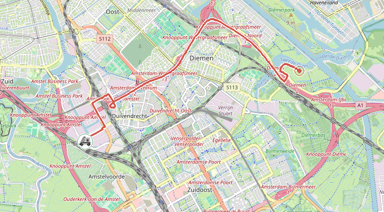 Kaart van de omgeving van de melding, met de kazerne die is gealarmeerd