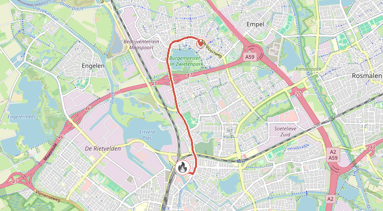 Kaart van de omgeving van de melding, met de kazerne die is gealarmeerd