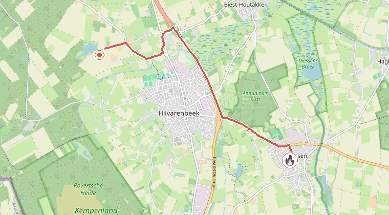 Kaart van de omgeving van de melding, met de kazerne die is gealarmeerd
