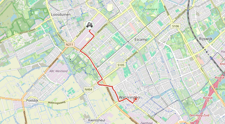 Kaart van de omgeving van de melding, met de kazerne die is gealarmeerd