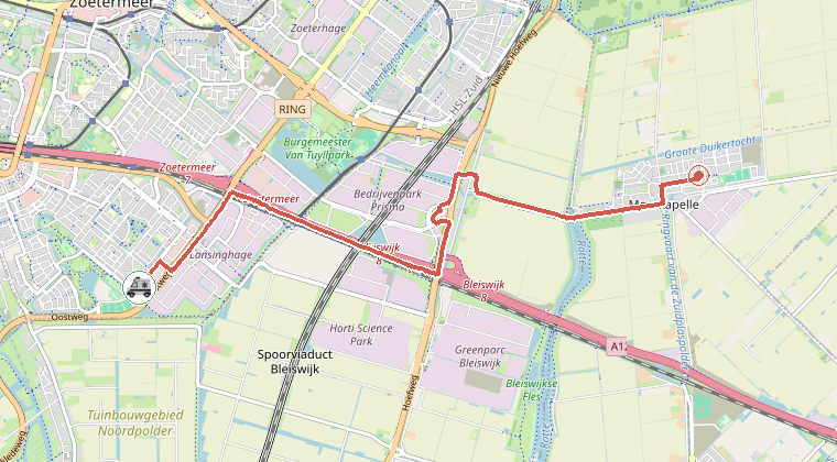 Kaart van de omgeving van de melding, met de kazerne die is gealarmeerd