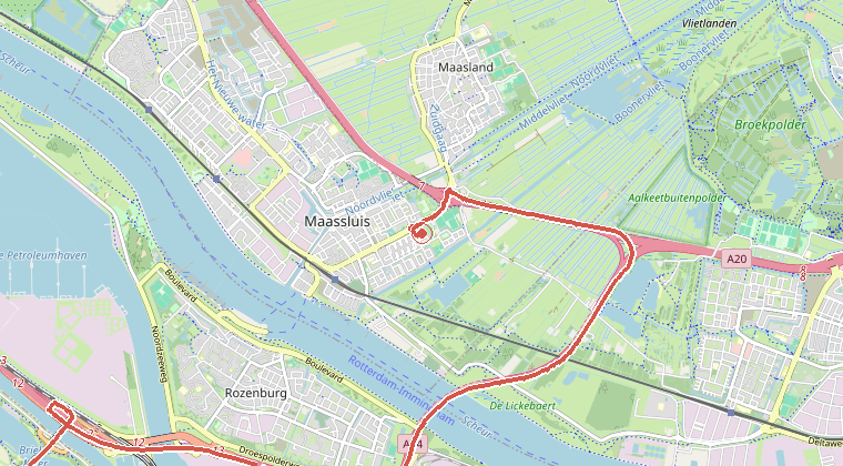 Kaart van de omgeving van de melding, met de kazerne die is gealarmeerd