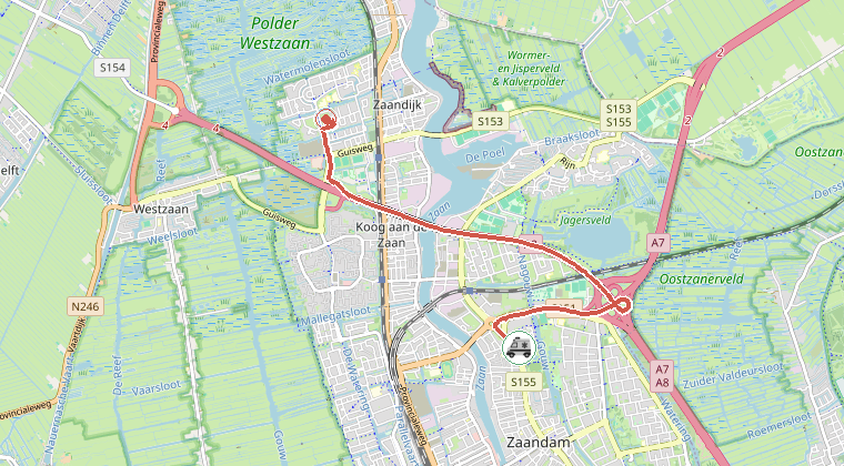 Kaart van de omgeving van de melding, met de kazerne die is gealarmeerd